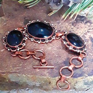 Native American  Navajo Copper Sterling & Onyx Link Bracelet